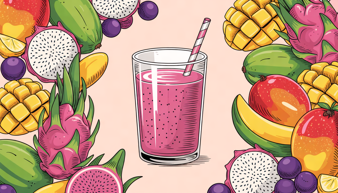 A colorful illustration of a smoothie in a glass, surrounded by superfruits like acai berries and dragon fruits, set against a pastel background.