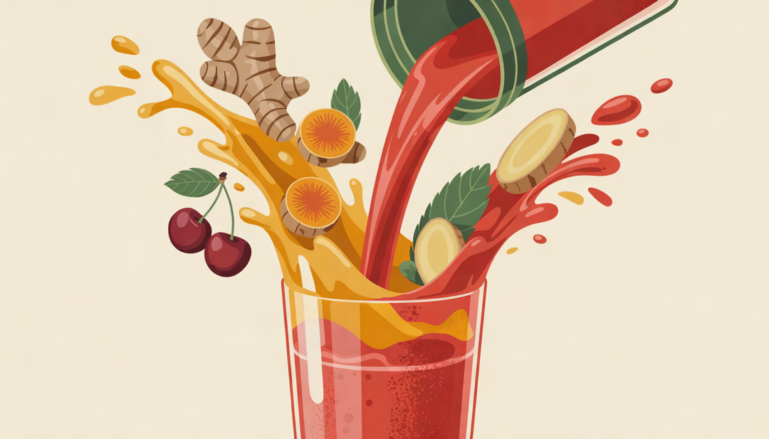 Smoothie pouring into a glass with splashes of turmeric, ginger, and cherries.