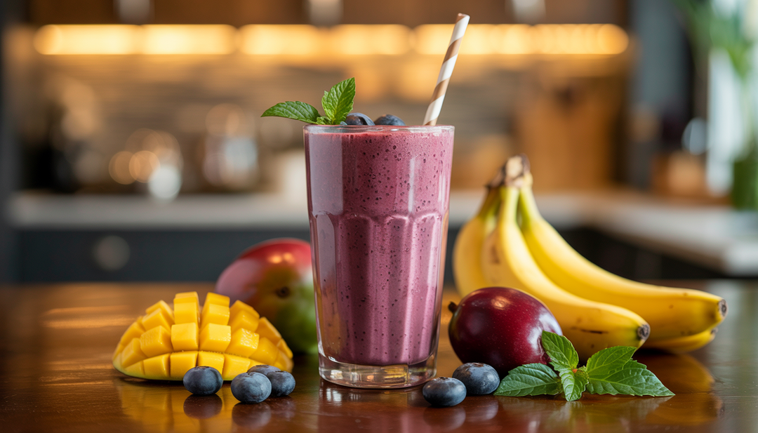 A colorful acai smoothie in a glass with a straw, accompanied by fresh fruits like acai berries, bananas, and mangoes on a wooden table.