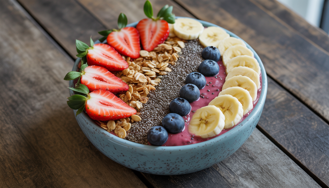 An acai bowl on a wooden table, featuring strawberries, bananas, blueberries, granola, and chia seeds.