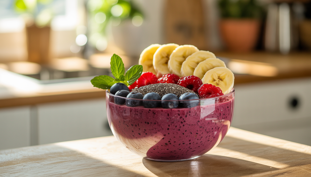 A smoothie bowl with acai, fresh berries, banana slices, and chia seeds in a sunlit kitchen setting.