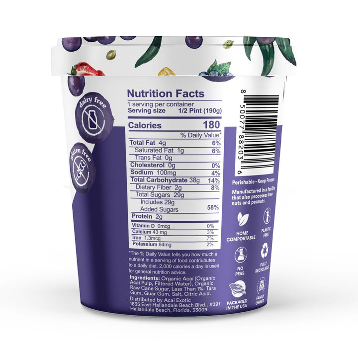 Acai smoothie bowl base pint, back with nutrition facts