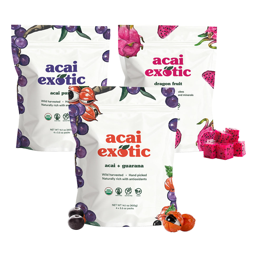 smoothie starter box: acai pure, acai + guarana and diced dragon fruit pouches