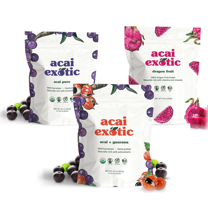 smoothie starter box: acai pure, acai + guarana and diced dragon fruit packets