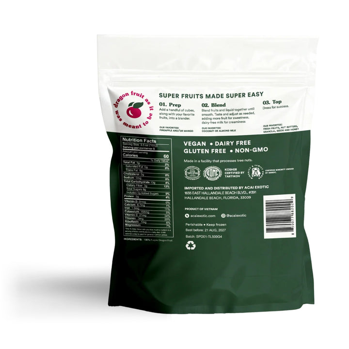 Acai Exotic diced dragon fruit pouch, back of pack