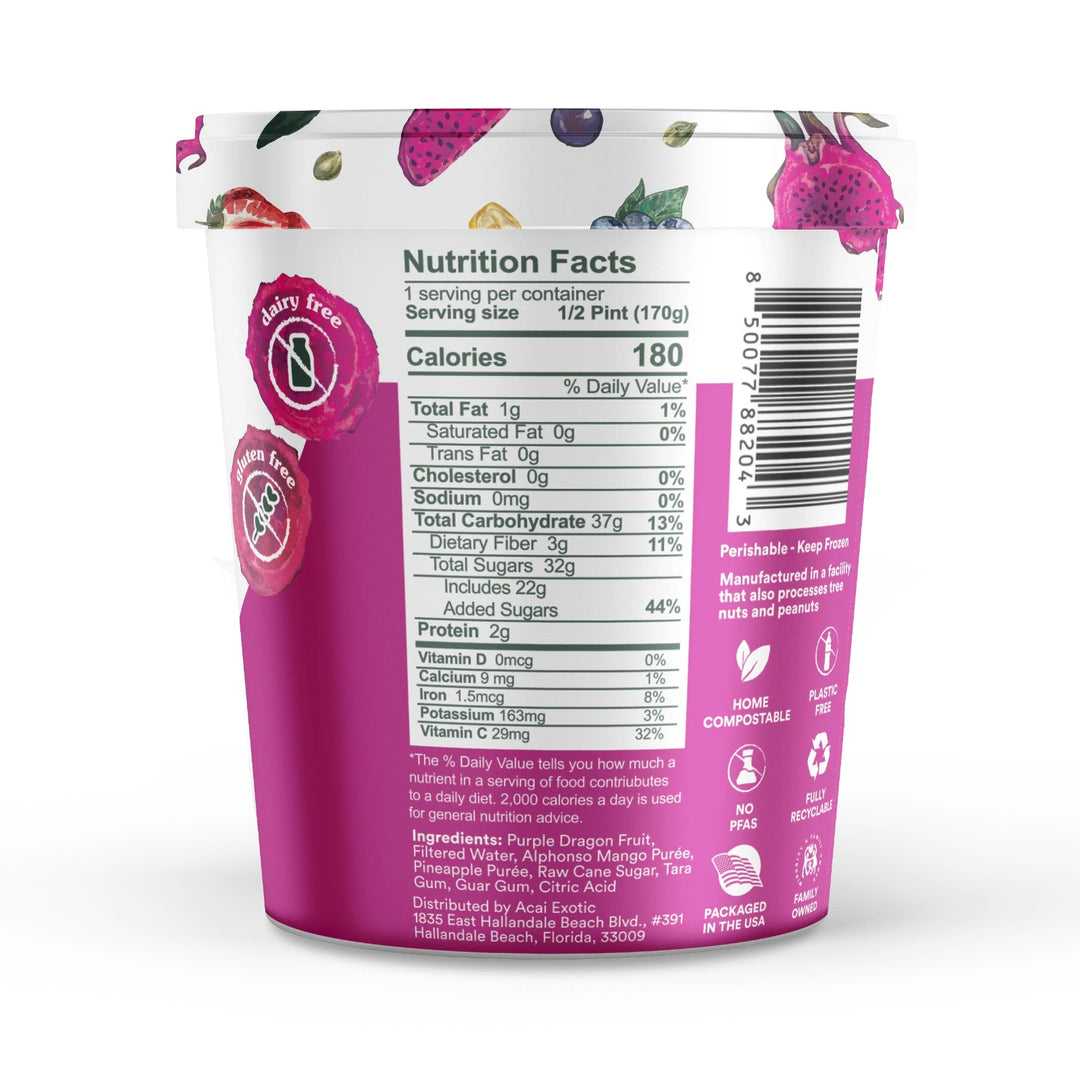 Dragon fruit smoothie bowl base pint, back with nutrition facts
