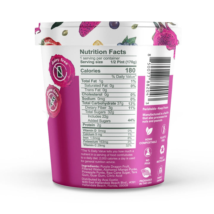 Dragon fruit smoothie bowl base pint, back with nutrition facts